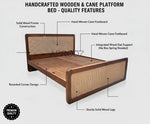 King & Queen Size Sheesham Wood Bed with Cane Panels Walnut Brown Finish 