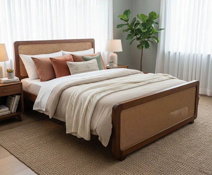 Translation missing: en.King &amp; Queen Size Sheesham Wood Bed with Cane Panels Walnut Brown Finish 