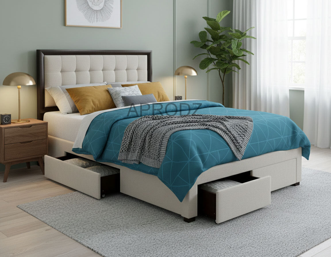 Modern King & Queen Size Storage Bed with Tufted Upholstered Headboard, 4 Drawers, Grey 
