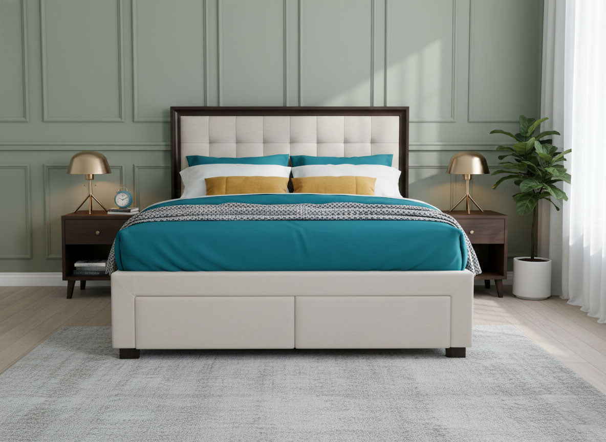 Modern King & Queen Size Storage Bed with Tufted Upholstered Headboard, 4 Drawers, Grey 