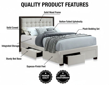 Modern King & Queen Size Storage Bed with Tufted Upholstered Headboard, 4 Drawers, Grey 