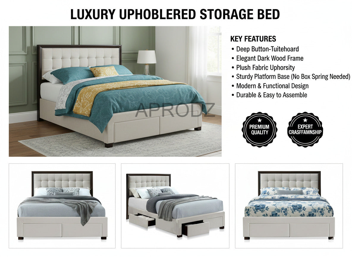 Modern King & Queen Size Storage Bed with Tufted Upholstered Headboard, 4 Drawers, Grey 