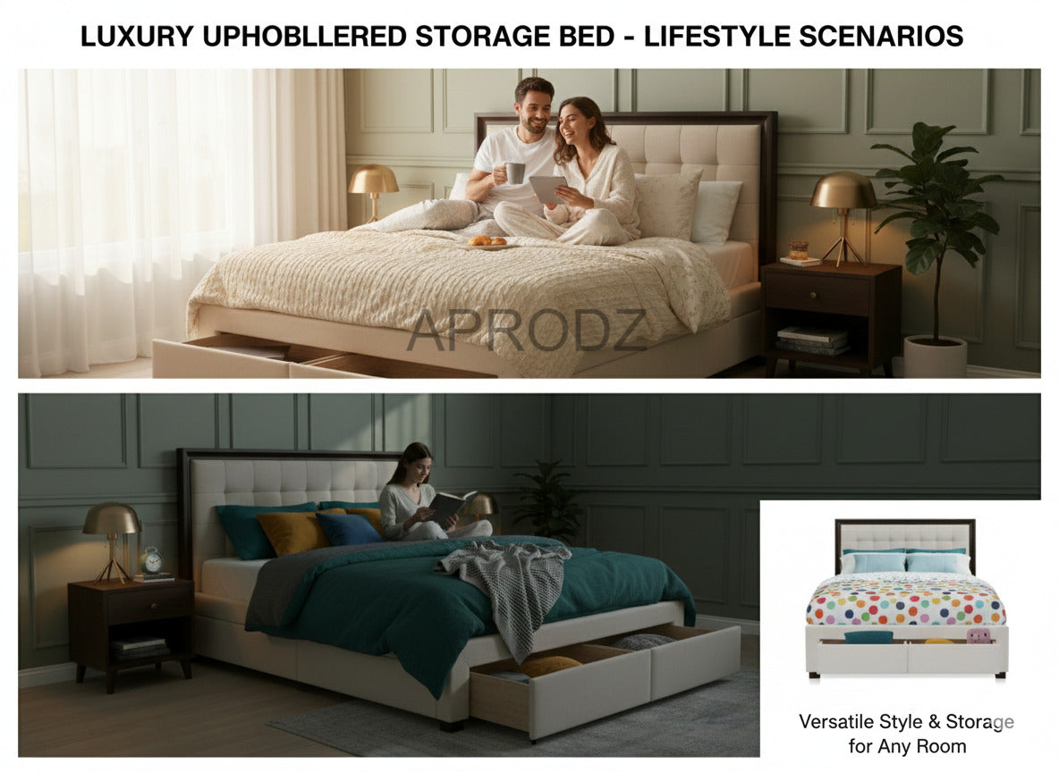 Modern King & Queen Size Storage Bed with Tufted Upholstered Headboard, 4 Drawers, Grey 