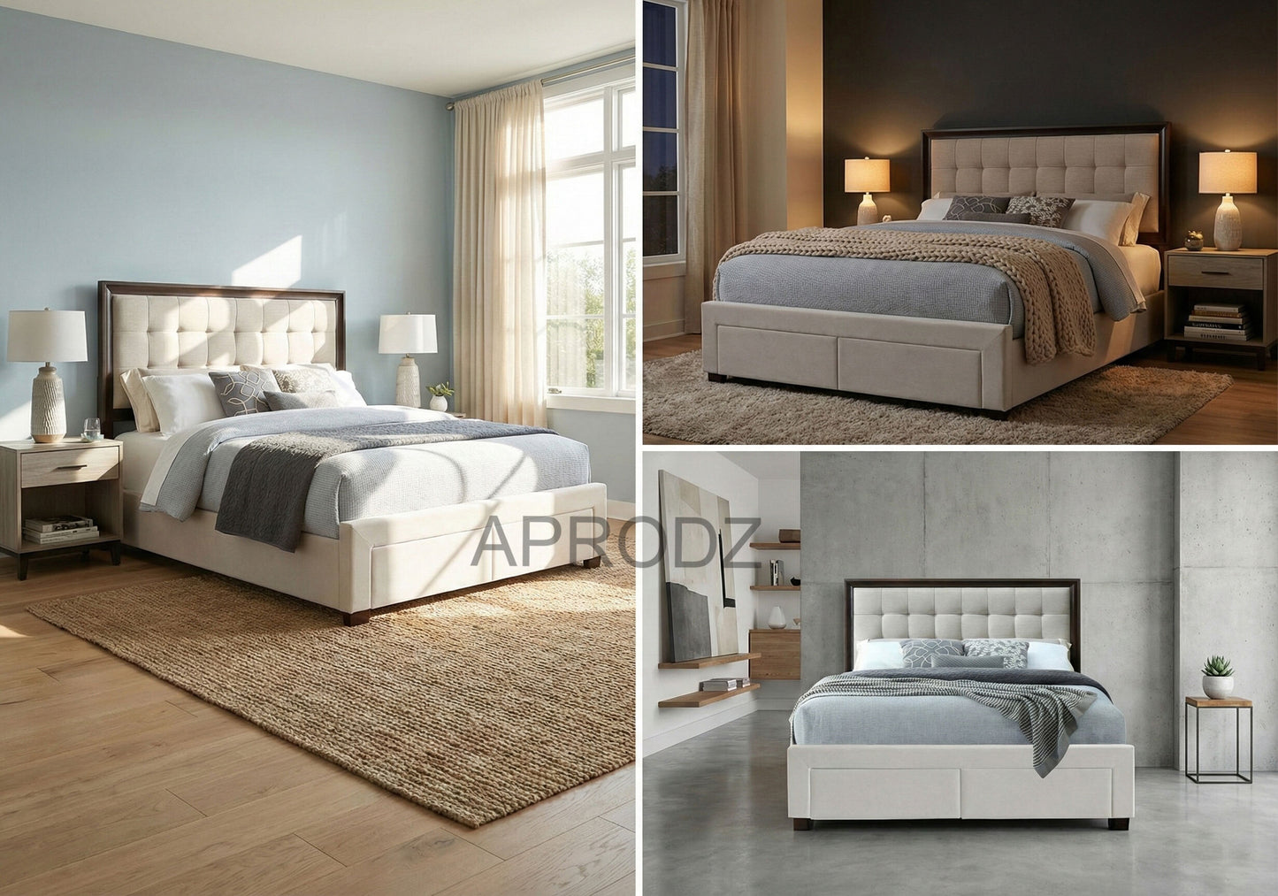 Modern King & Queen Size Storage Bed with Tufted Upholstered Headboard, 4 Drawers, Grey 