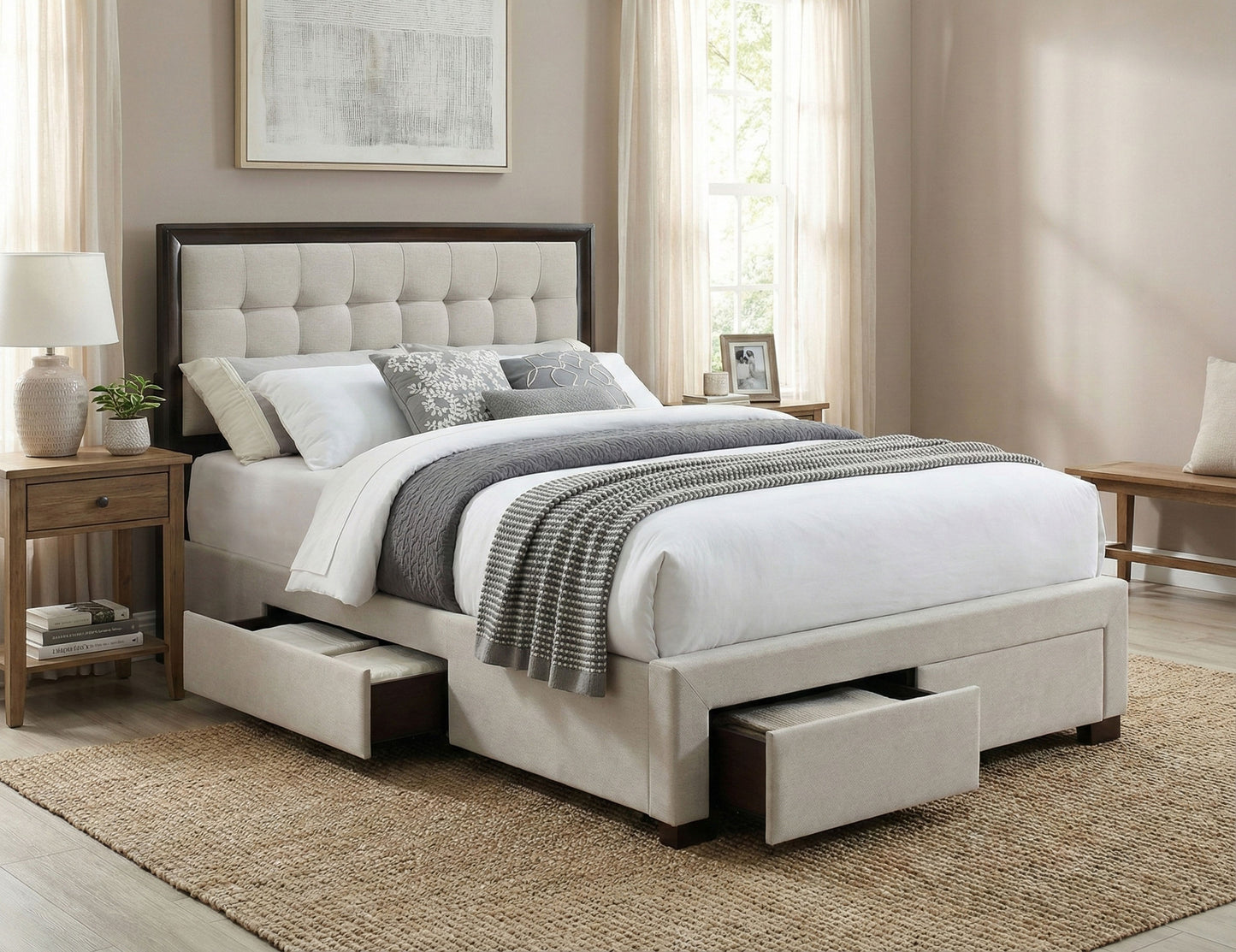 Modern King & Queen Size Storage Bed with Tufted Upholstered Headboard, 4 Drawers, Grey 