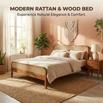 Rattan Cane Bed Frame – King & Queen Size, Walnut Finish 