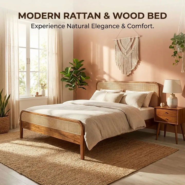 Translation missing: en.Rattan Cane Bed Frame – King &amp; Queen Size, Walnut Finish 