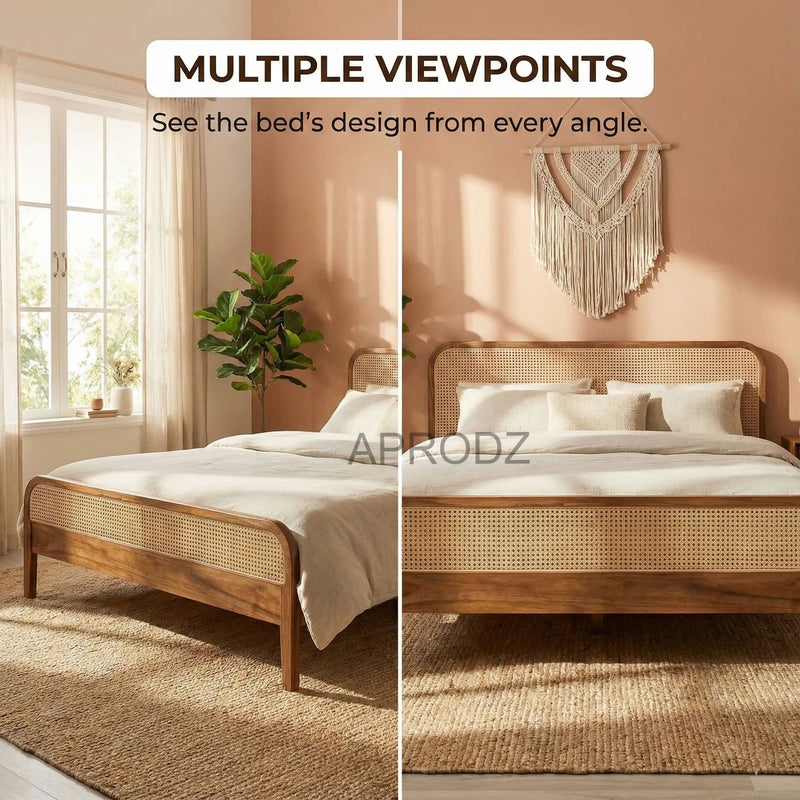 Rattan Cane Bed Frame – King & Queen Size, Walnut Finish 