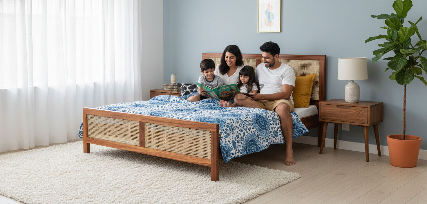 King Size & Queen Size Bed Frame with Cane Panels, Sheesham Wood, Modern Design 