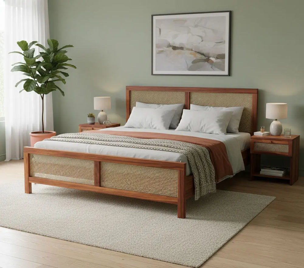King Size & Queen Size Bed Frame with Cane Panels, Sheesham Wood, Modern Design