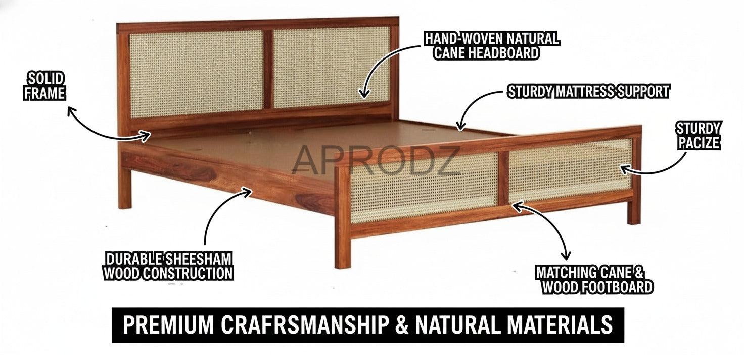 King Size & Queen Size Bed Frame with Cane Panels, Sheesham Wood, Modern Design 