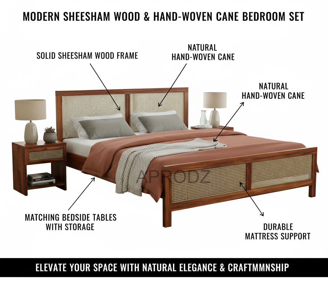 King Size & Queen Size Bed Frame with Cane Panels, Sheesham Wood, Modern Design 