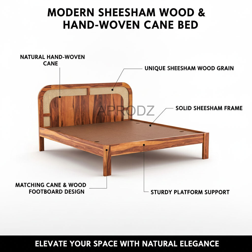 Sheesham Wood King Size & Queen Size Bed with Cane Headboard, Solid Wooden Frame 