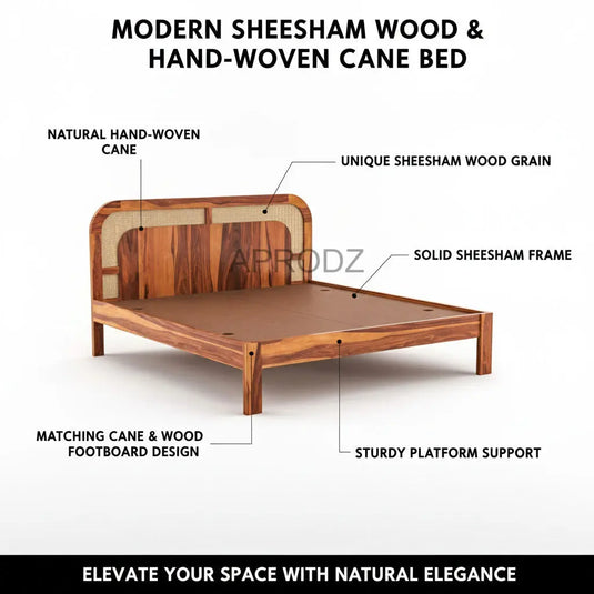 Translation missing: en.Sheesham Wood Bed with Cane Headboard | Solid Wood King &amp; Queen Size 