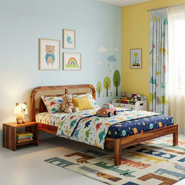 Sheesham Wood Bed with Cane Headboard | Solid Wood King & Queen Size 