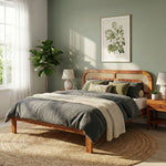Sheesham Wood Bed with Cane Headboard | Solid Wood King & Queen Size 