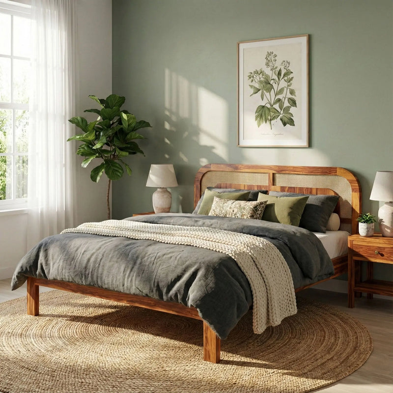 Sheesham Wood Bed with Cane Headboard | Solid Wood King & Queen Size 
