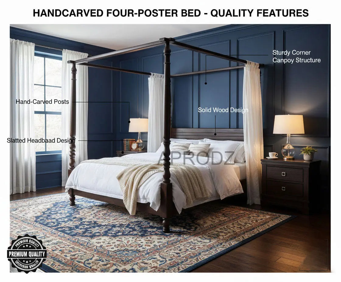 Sheesham Wood Four Poster Bed – King & Queen Size Wooden Bed, Dark Brown Finish 