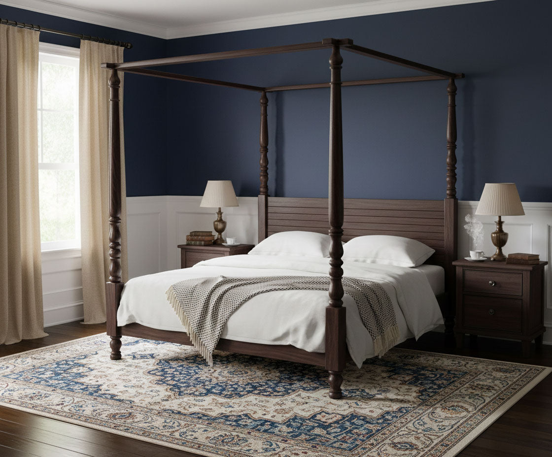 Sheesham Wood Four Poster Bed Frame, Traditional Canopy Design, King & Queen Size, Dark Brown 