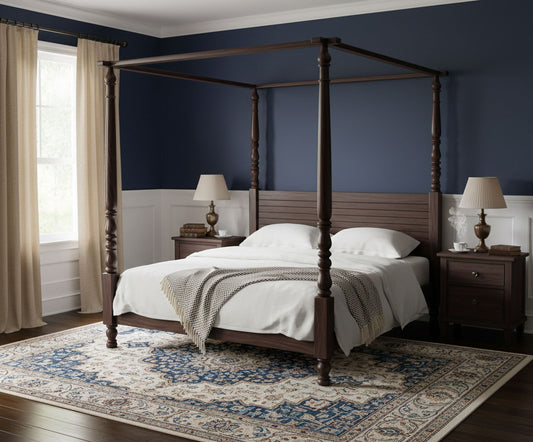 Sheesham Wood Four Poster Bed Frame, Traditional Canopy Design, King & Queen Size, Dark Brown 