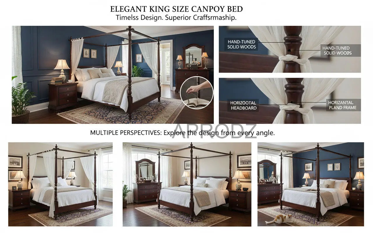 Sheesham Wood Four Poster Bed – King & Queen Size Wooden Bed, Dark Brown Finish 