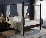 Sheesham Wood Canopy Bed Frame with White Curtains, King & Queen Size Available, Dark Brown 