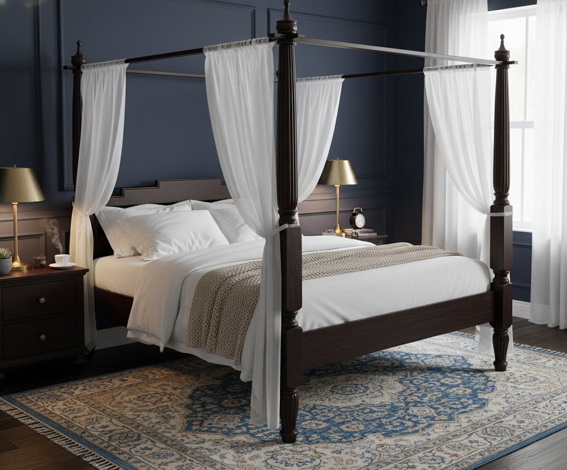 Sheesham Wood Canopy Bed Frame with White Curtains, King & Queen Size Available, Dark Brown 