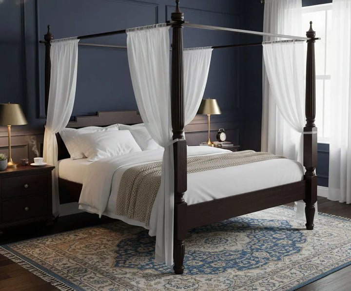 Translation missing: en.Sheesham Wood Canopy Bed Frame with White Curtains, King &amp; Queen Size Available, Dark Brown 