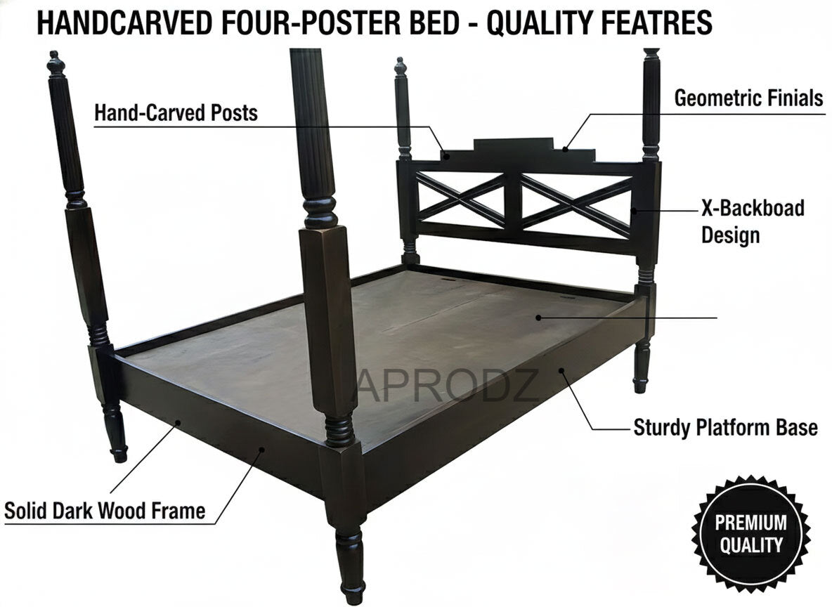 Sheesham Wood Canopy Bed Frame with White Curtains, King & Queen Size Available, Dark Brown 