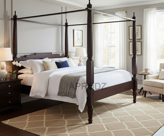 Sheesham Wood Canopy Bed Frame with White Curtains, King & Queen Size Available, Dark Brown 