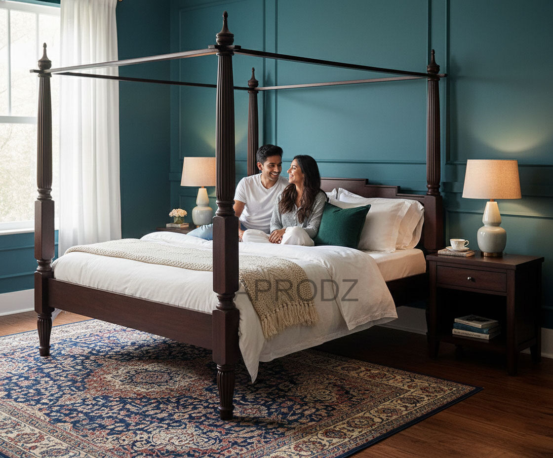 Sheesham Wood Canopy Bed Frame with White Curtains, King & Queen Size Available, Dark Brown 