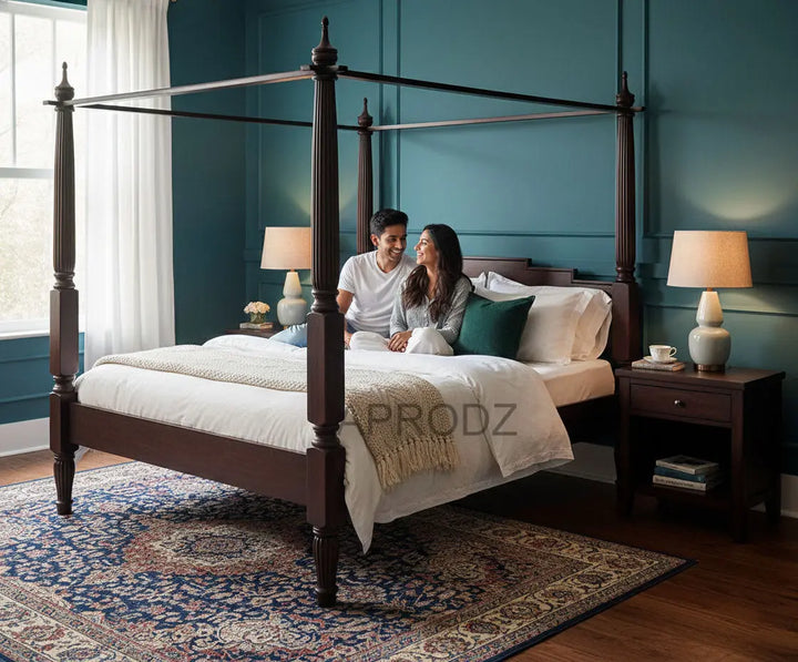 Translation missing: en.Sheesham Wood Canopy Bed Frame with White Curtains, King &amp; Queen Size Available, Dark Brown 