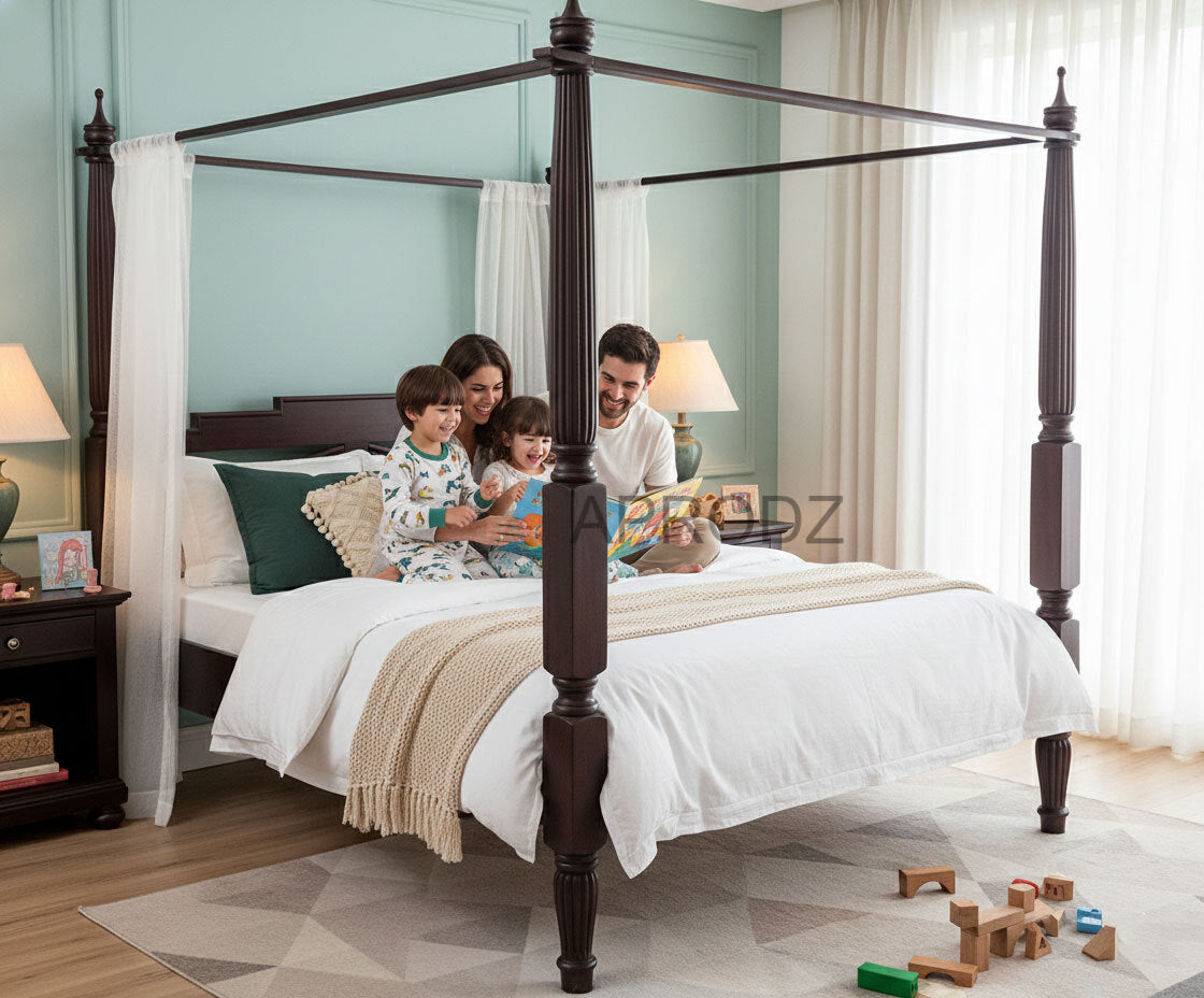 Sheesham Wood Canopy Bed Frame with White Curtains, King & Queen Size Available, Dark Brown 