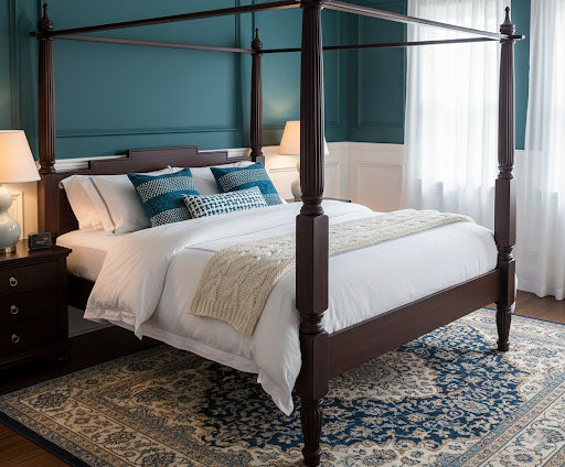 Sheesham Wood Canopy Bed Frame with White Curtains, King & Queen Size Available, Dark Brown 