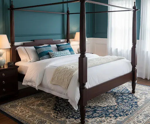 Sheesham Wood Canopy Bed Frame with White Curtains, King & Queen Size Available, Dark Brown 