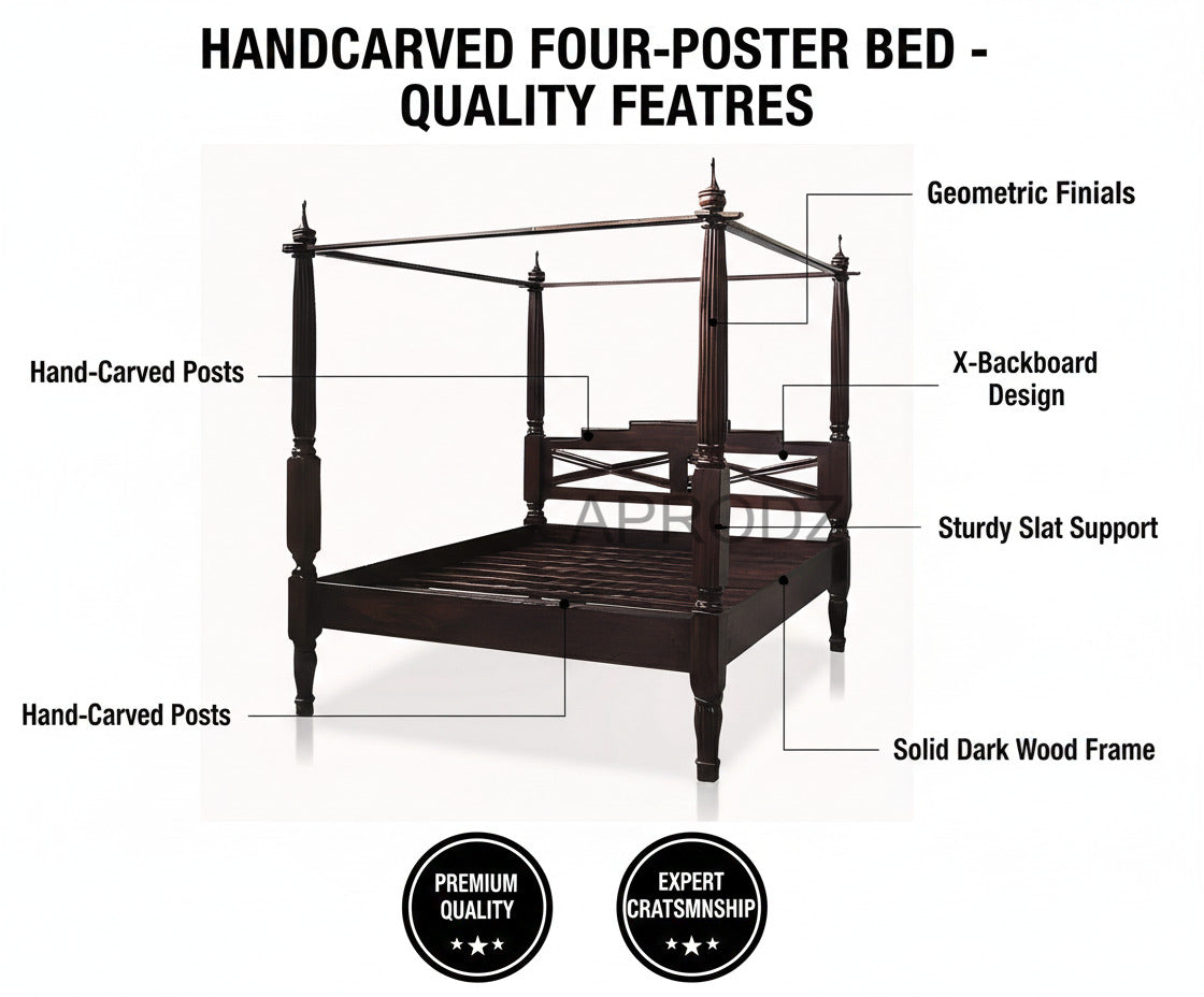 Sheesham Wood Canopy Bed Frame with White Curtains, King & Queen Size Available, Dark Brown 