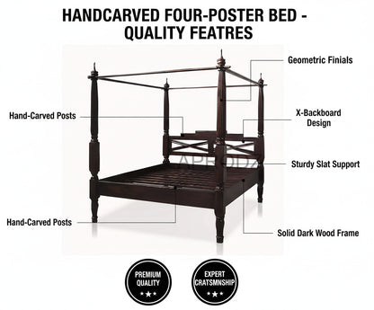 Sheesham Wood Canopy Bed Frame with White Curtains, King & Queen Size Available, Dark Brown 