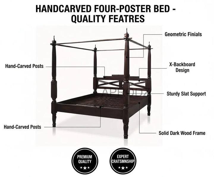 Translation missing: en.Sheesham Wood Canopy Bed Frame with White Curtains, King &amp; Queen Size Available, Dark Brown 