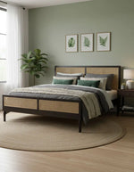 Mango Wood and Rattan Cane King Size & Queen Size Bed Frame, Black Finish 