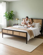 Mango Wood and Rattan Cane King Size & Queen Size Bed Frame, Black Finish 