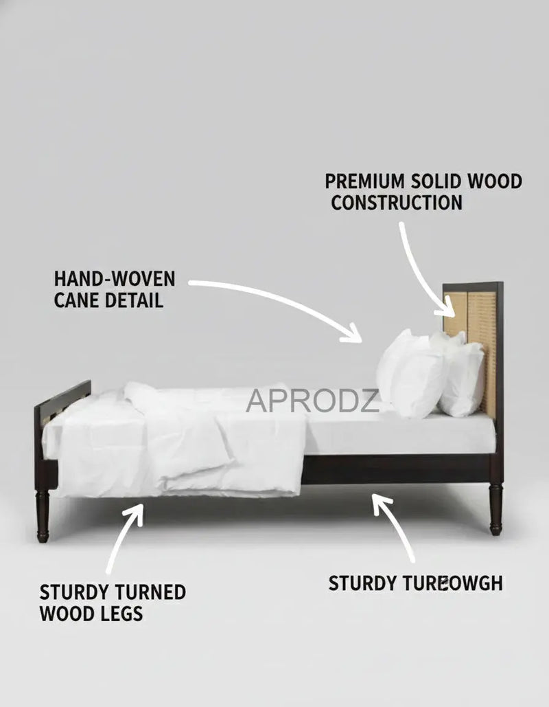 Mango Wood and Rattan Cane King Size & Queen Size Bed Frame, Black Finish 