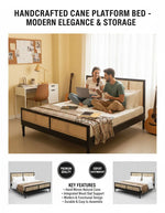 Mango Wood and Rattan Cane King Size & Queen Size Bed Frame, Black Finish 
