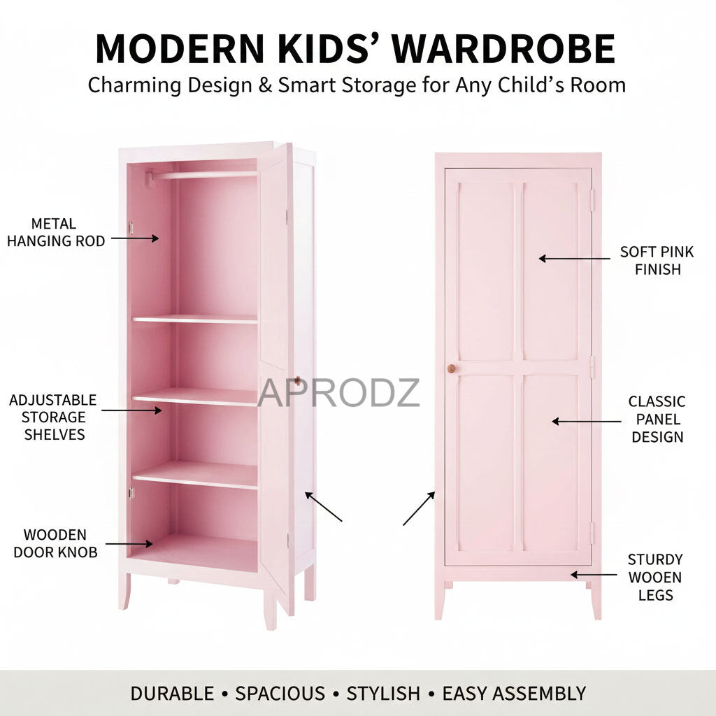 Mango Wood Single Doors Multipurpose Storage Kiev Wardrobe Almirah for Living Room | Pink 