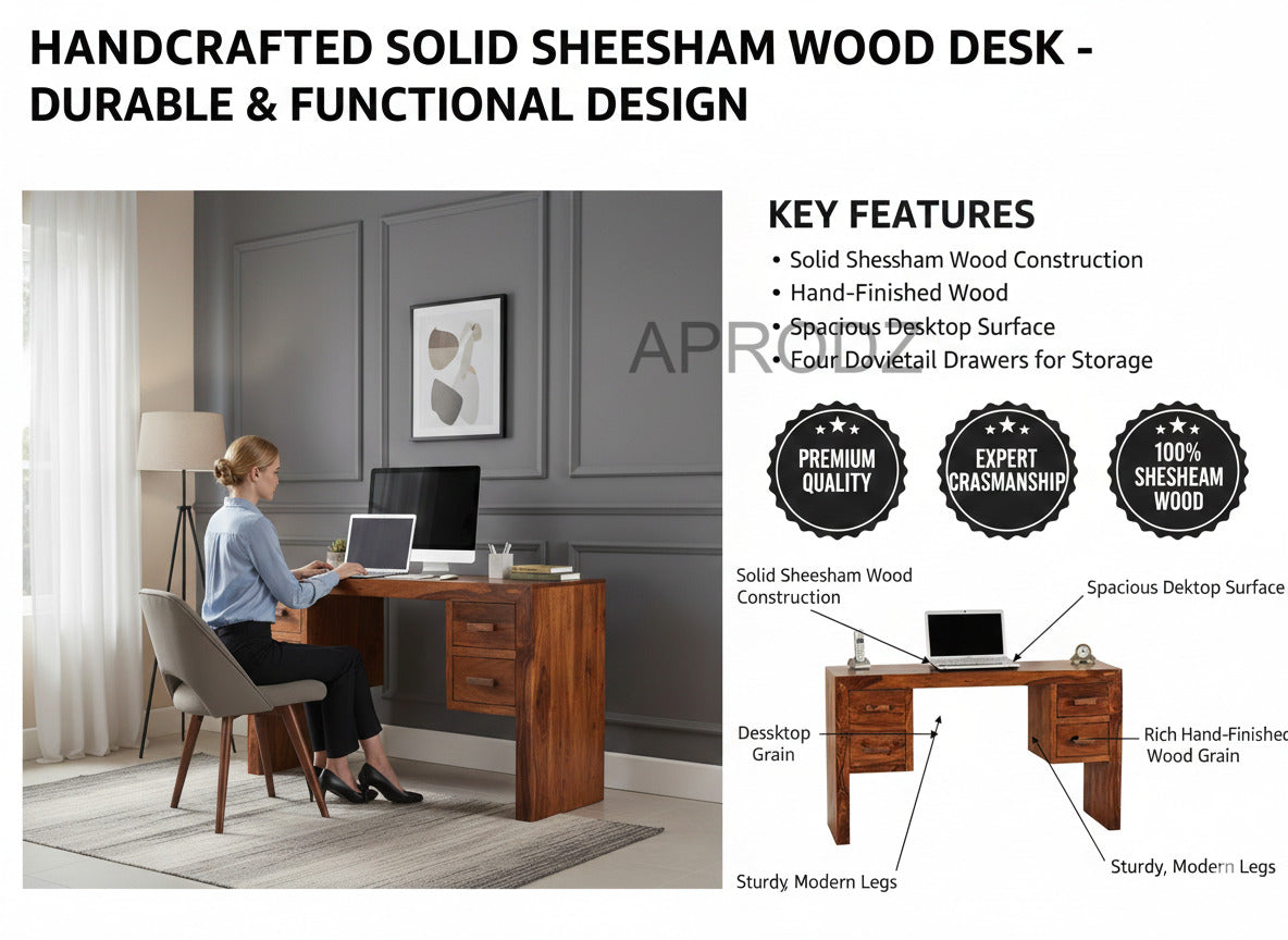 Sheesham Wood Vanlue Study Desk Table for Home and Office | Brown Finish 