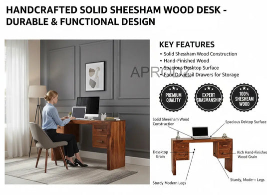 Translation missing: en.Sheesham Wood Vanlue Study Desk Table for Home and Office | Brown Finish 