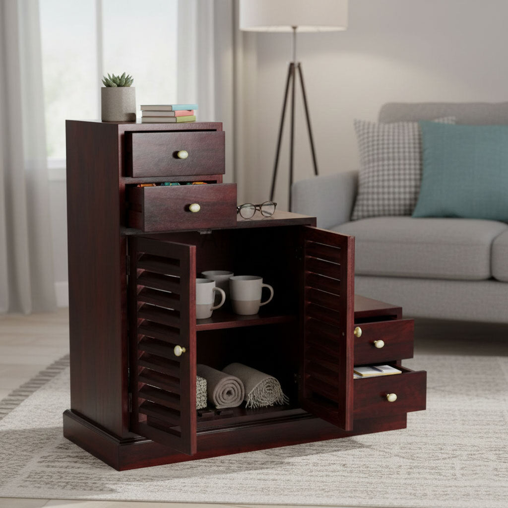 Sheesham Wood Storage Zuni Shoe Rack Cabinet for Living Room | 2 Shelf 4 Drawer Shoe Organizer | Mahogany 