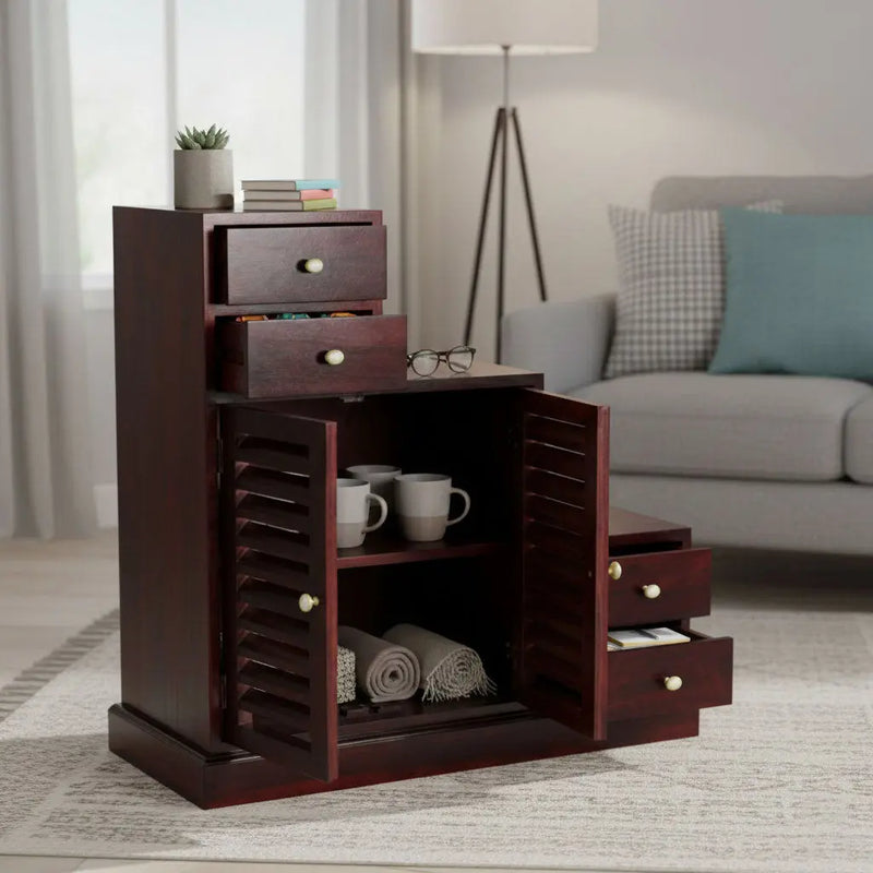 Sheesham Wood Storage Zuni Shoe Rack Cabinet for Living Room | 2 Shelf 4 Drawer Shoe Organizer | Mahogany 