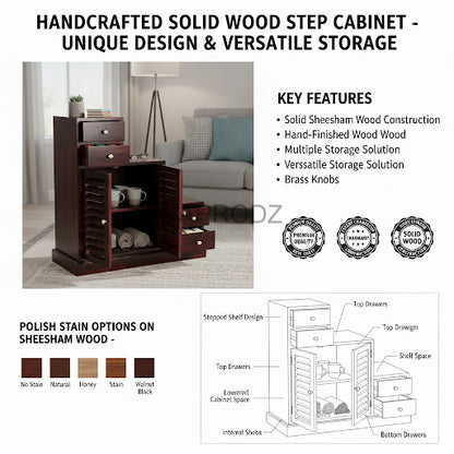 Sheesham Wood Storage Zuni Shoe Rack Cabinet for Living Room | 2 Shelf 4 Drawer Shoe Organizer | Mahogany 
