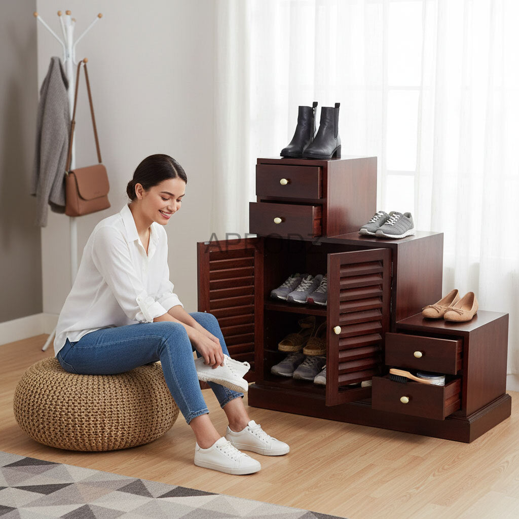 Sheesham Wood Storage Zuni Shoe Rack Cabinet for Living Room | 2 Shelf 4 Drawer Shoe Organizer | Mahogany 