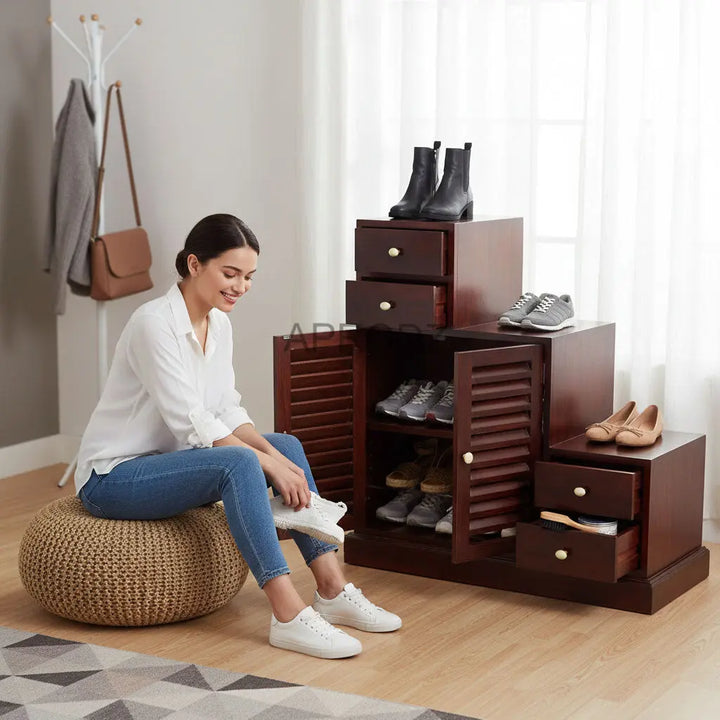 Translation missing: en.Sheesham Wood Storage Zuni Shoe Rack Cabinet for Living Room | 2 Shelf 4 Drawer Shoe Organizer | Mahogany 